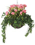Artificial Pink Geranium Display in a 14" Round Willow Hanging Basket